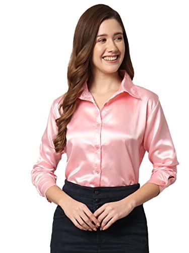 funday fashion women solid formal satin regular fit shirt (small, pink)