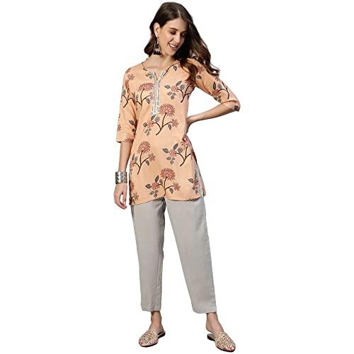 anubhutee women's rayon peach gota patti floral printed straight kurti