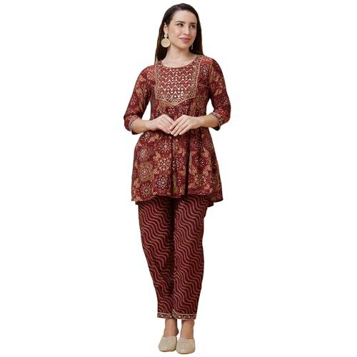 globus women maroon ethnic motifs print yoke embroidered round neck festive a-line peplum kurta set with trouser-3639755004