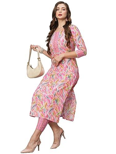 gosriki women's cotton blend floral straight kurta with pant (pahal-gs_pink_xxx-large)