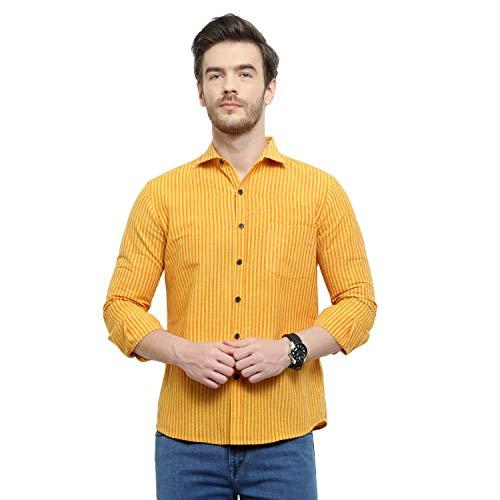 latest chikan men's striped regular fit full sleeve cotton casual shirt,44 yellow