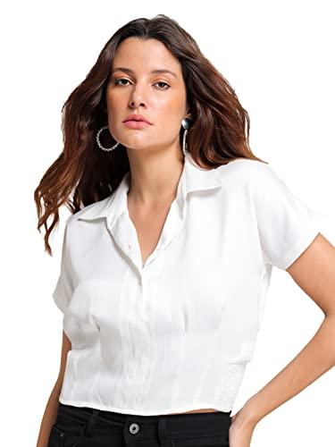 shaye button-down collar white solid satin short sleeves crop length casual shirt for women