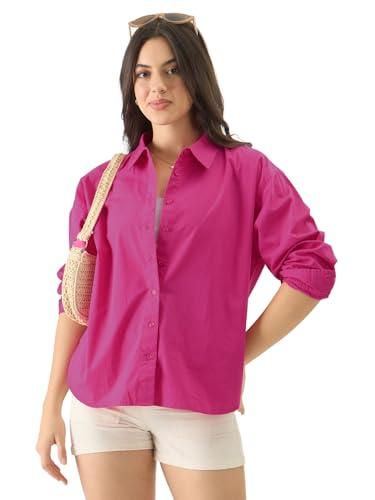 the souled store| solids: hot pink womens and girls shirts|full sleeve|loose fit solid |100% cotton pink women boyfriend shirts