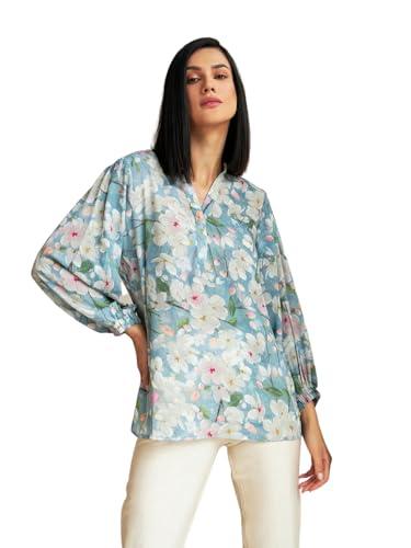 leriya fashion women's rayon floral printed shawl collared neck fancy shirt style western top for girls long cuff sleeves shirt for office party travel outing holidays wear tunic (2x-large, sky)