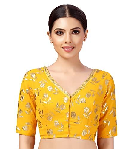 studio shringaar women's polyester and georgette elbow length sleeves saree blouse (yellow, 40)