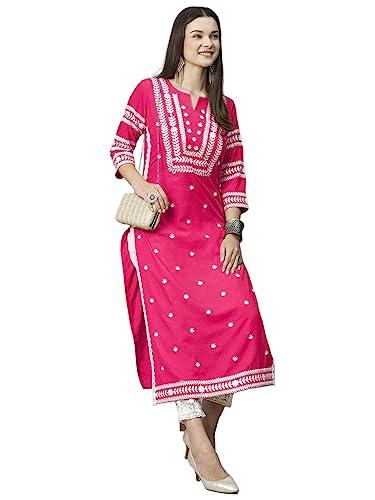 gosriki women's cotton blend chikankari embroidered straight kurta (stho-pink-gs_m_pink_medium)