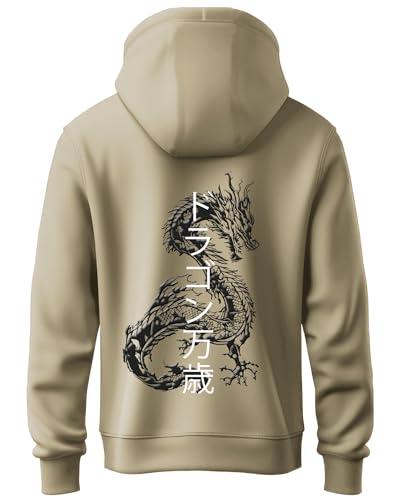 adro mens hoodies with hail the dragon puff backside printed, 100% cotton 340gsm. (h23-m-dra-be_beige_s)