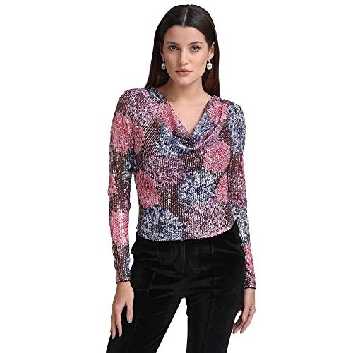 kazo abstract poly blend cowl neck women's top (multi-coloured,extra small)