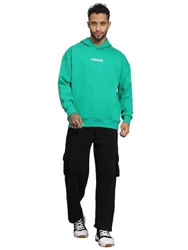 griffel men oversized fit basic front logo bottle green fleece hoodie and trackpant (small)