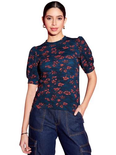 uptownie lite women's cotton printed high neck top (navy blue, xx-large, regular fit)