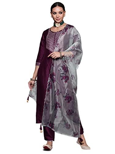 indo era women's polyester ethnic motifs straight kurta with pant & dupatta set (purple_kh9pr4439_medium)