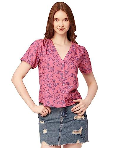 moomaya v-neck printed tops for women, button down short sleeve crop top blouse