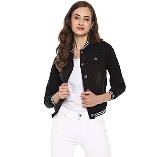 campus sutra women's black denim jacket with contrast striped hem for casual wear | low stand-up collar | long sleeve | button closure | cotton jacket crafted with comfort fit for everyday wear