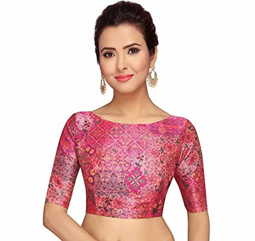 studio shringaar polyester women's pink printed saree blouse with elbow length sleeves (pink, 46)