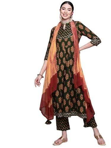 anubhutee women's cotton green ethnic motifs printed straight kurta suit set with palazzo and dupatta