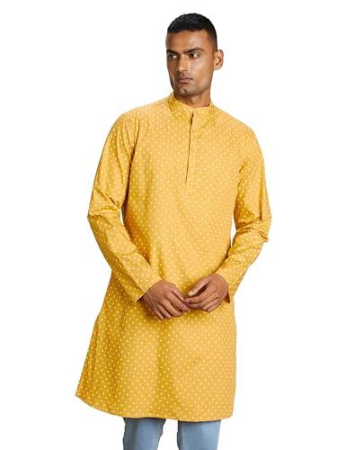 amazon brand - symbol men's cotton printed regular long kurta (symethlkur-9_mustard & white_m)