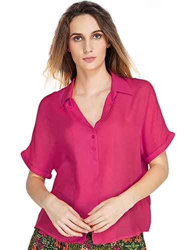 shaye fuchsia casual short sleeves shirt collar solid top for women