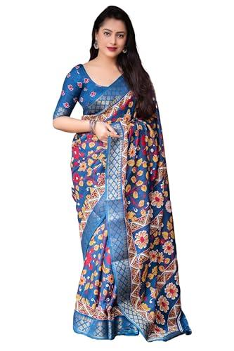 pandadi saree women's blue silk saree with kalamkari print unstitched blouse piece.