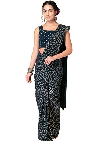 indya department44 georgette dark blue geometric foil print pre-stitched saree (iss00035