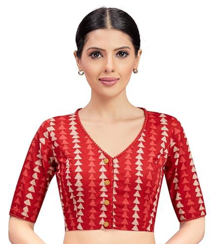 studio shringaar women's cotton block printed elbow length sleeves saree blouse(red, 34)