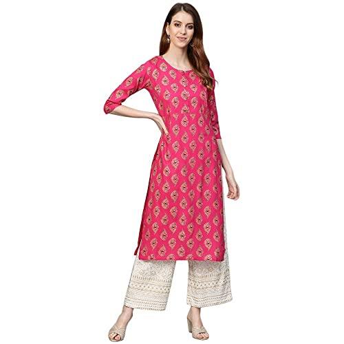 anubhutee women's rayon pink ethnic motifs printed straight kurta suit set with palazzo