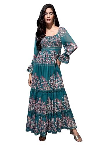 drape and dazzle printed smocked tier floor length dress with sleeves | squar neck | latest stylish dress for women | suitable for outdoor & indoor | green_dd-076-bottle green-l