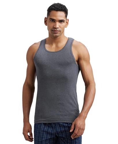 jockey fp04 men's super combed cotton rib round neck sleeveless vest with extended length for easy tuck_charcoal melange & neon orange_m