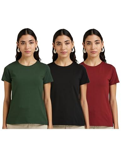 amazon brand - symbol women's solid regular fit half sleeve t-shirt (3rn08_dk green&wine&black_m) (combo pack of 3)