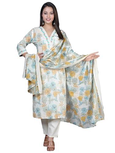 yash gallery women's floral printed embroidered kurta with pant & dupatta set (mustard, l)