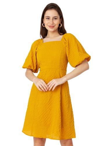 zink london women's yellow self design flared short dress