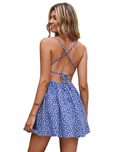 aahwan polyester blue backless lace up ditsy floral printed cami mini dress for women's & girls' (186-blue_m)