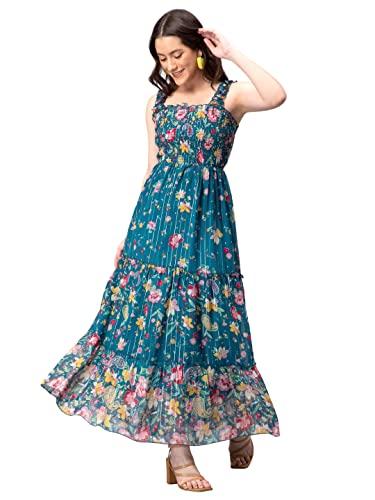 drape and dazzle floral printed smocked tiered dress | maxi dress with square neck for women (m, teal)