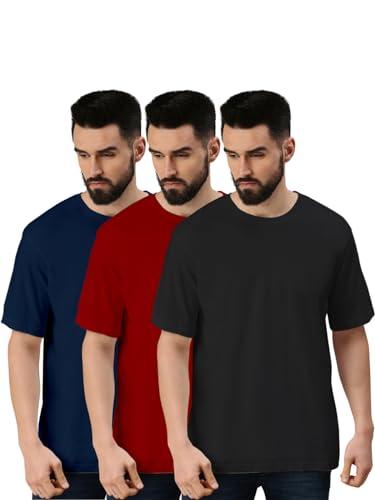 veirdo® pure cotton black, maroon & navy oversized fit half sleeve solid round neck t-shirt for men (pack of 3) (po3_os_bk_mr_ny_m)