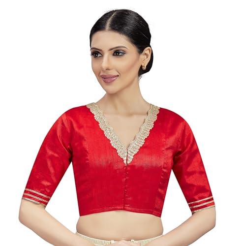 studio shringaar women's readymade silky elbow length sleeves saree blouse with embroidered neckline (red, 34)