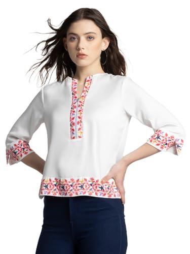 shaye white casual three-quarter sleeves round neck solid top for women