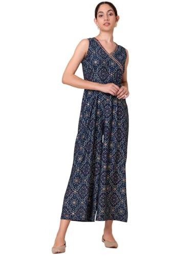 indya women's poly viscose navy blue abstract print angrakha jumpsuit standard length (itn05474 l)