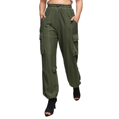 campus sutra women's forest green striped cargo parachute trousers for casual wear | 4 pockets | regular fit | elasticated waist closure | cargo pants crafted with comfort fit for everyday wear