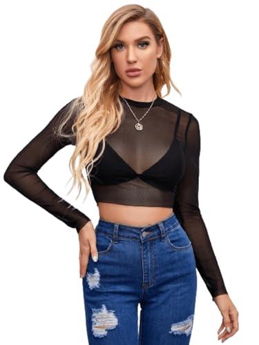 aahwan black mesh long sleeve sheer slim fit without bra crop top for women's & girl's (275-black-m)