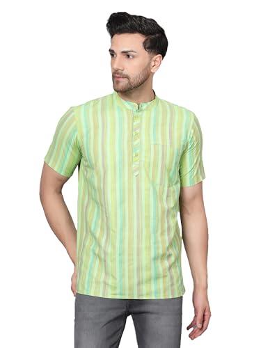 latest chikan men's cotton regular striped short kurta half sleeves - casual ethnic wear green