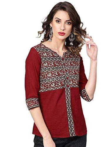 yash gallery women's cotton slub kalmakari printed straight regular fit top for women (1043ykmaroon_maroon_large)