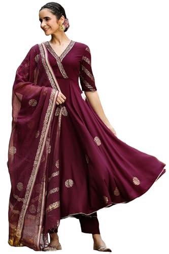 gosriki women's cotton blend printed anarkali kurta with pant & dupatta (berlin wine-gs_xxl_wine_xx-large)