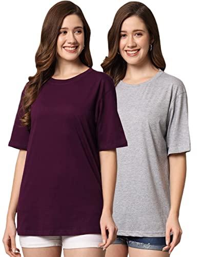 funday fashion cotton short sleeve oversized t-shirt for women (pack of 2) (large, wine & grey)