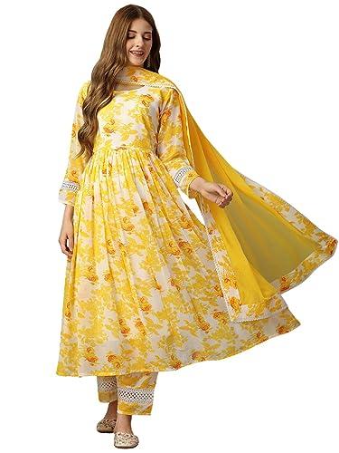 amayra rayon women's floral printed anarkali kurta with pant and dupatta set(yellow,l)