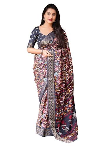 pandadi saree women's grey silk saree with kalamkari print unstitched blouse piece.