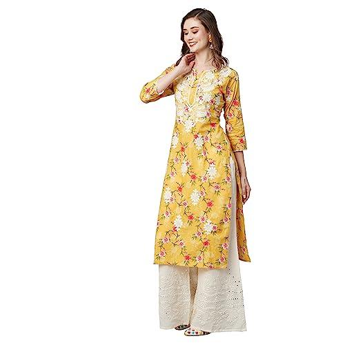 ratan women's cotton printed straight lucknowi chikankari ethinic wear kurta (much-ylw-3xl_yellow)