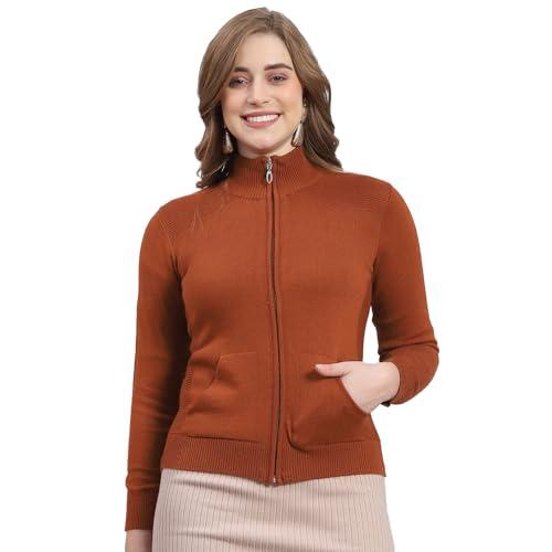 monte carlo womens rust solid stand collar full sleeve modal nylon cardigan sweater (1232735tn-9082-38)