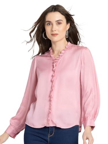 shaye pink casual long sleeves v-neck solid shirt for women