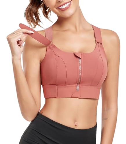 glamoras women polyester spandex padded wirefree high impact work out bra with support front zipper gym padded bras with adjustable straps criss cross back gym yoga workout running, size: m-2xl peach