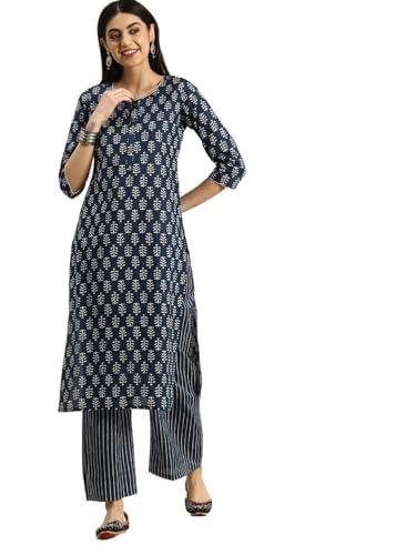 meera fab women's cotton printed floral straight kurta with palazzo dark blue