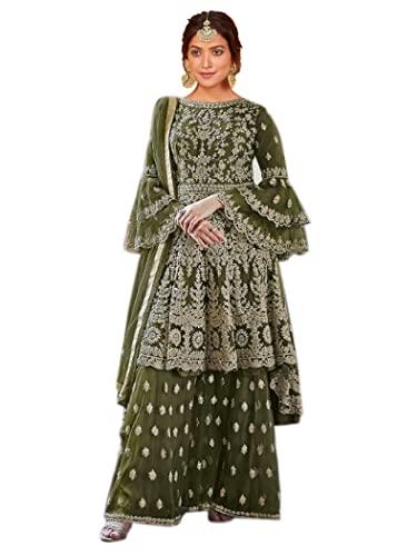 miss ethnik women's mehendi net semi stitched top with stitched net bottom and net dupatta knee long embroidered flared top dress material free size (kurta palazzo set) (me-1027-mehendi)